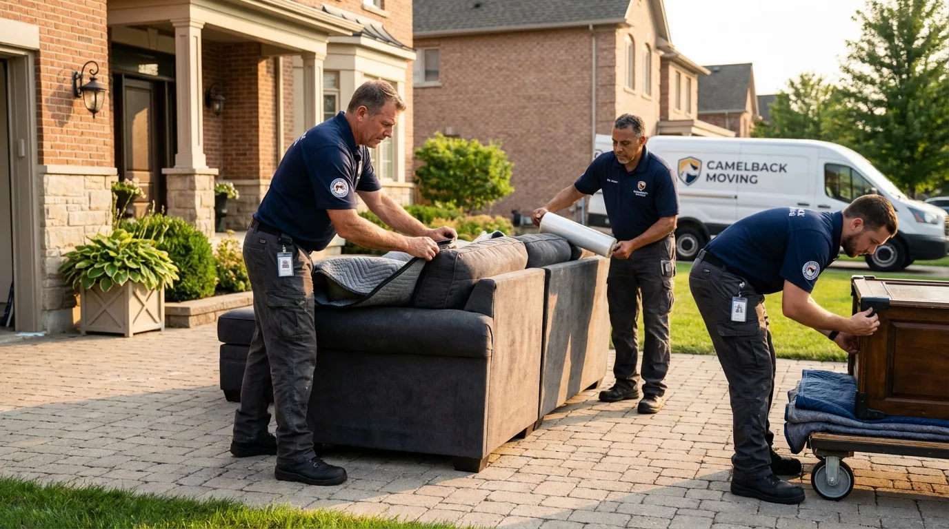 Large estate moving crew wrapping furniture in East Northport, NY