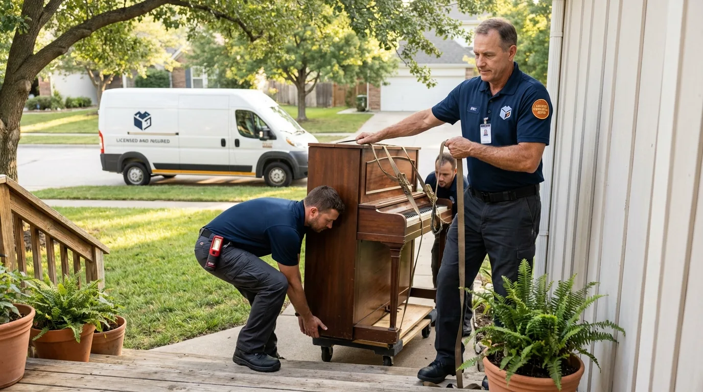 Licensed piano movers securing grand piano in East Northport, NY