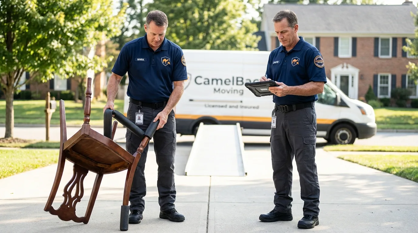 Movers inspecting furniture for damage prevention before loading in East Northport, NY