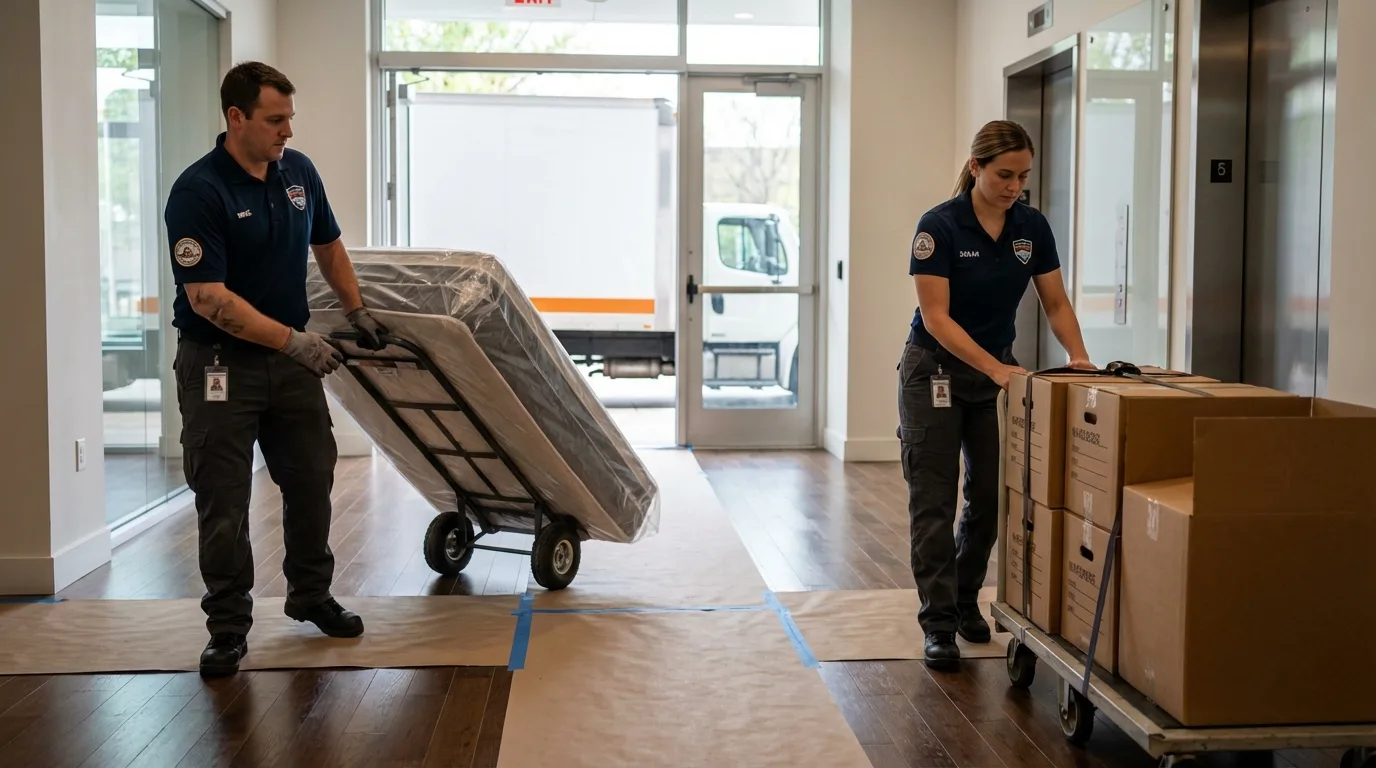 Professional apartment movers loading elevator in East Northport, NY