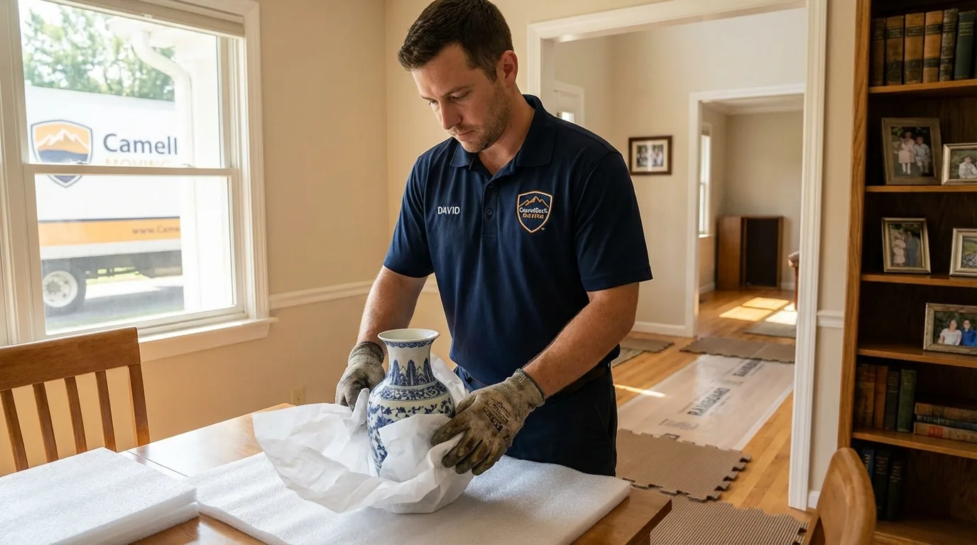 Professional crew carefully wrapping antique vase for senior downsizing move in East Northport, NY