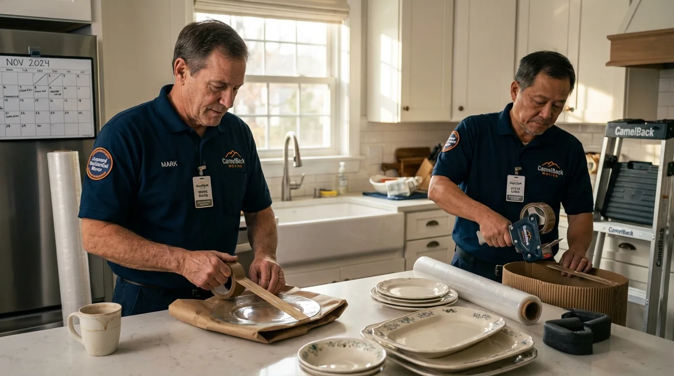 Professional crew packing kitchen dishware in East Northport, NY